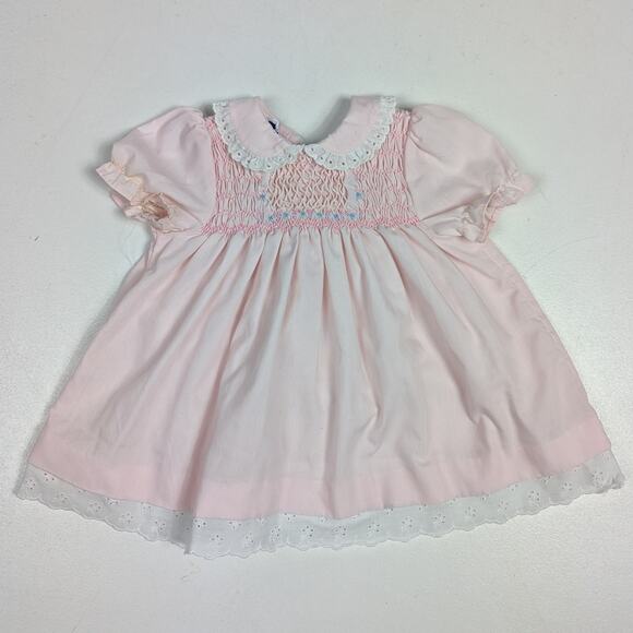 Vtg Polly Flinders Dress Baby Girls Sz 0-3m Pink Smocked Classic Spring Easter - Picture 1 of 5